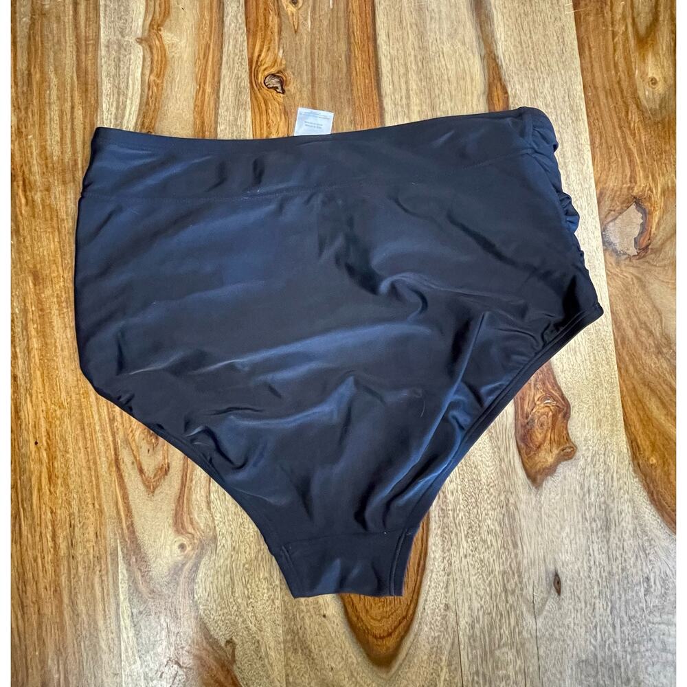 Womens 14W High Waisted Control Top Ruched Side Full Coverage Black Swim Bottoms - Picture 2 of 2